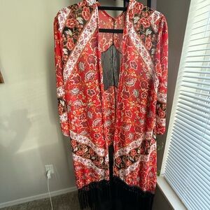 Floral Red Kimono with Fringe